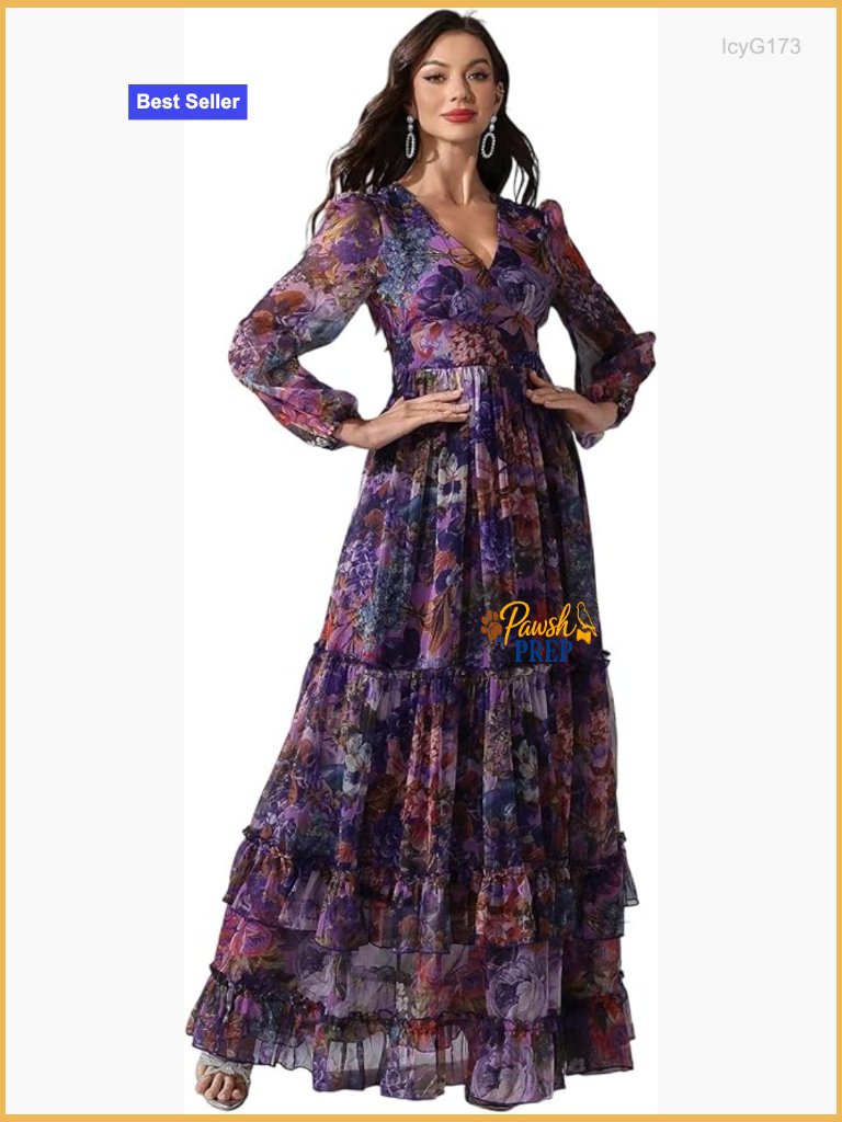 Floral Maxi Dress Long Sleeve Boho Wedding Guest Casual Summer Polyester